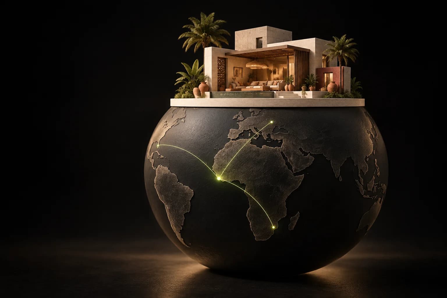 Concept illustration: an African residence on a connected globe.